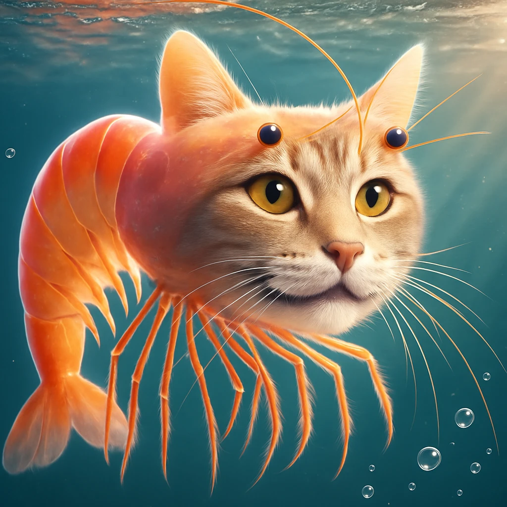 Change the expression of the cat-shrimp creature to happy, keeping all other details and colors the same, in a style consistent with the original image. emoji