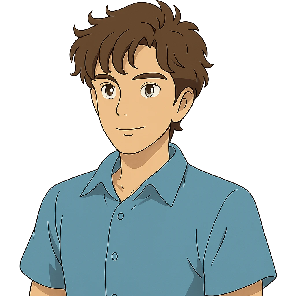 ghibli style good looking young adult boy with brown curly hair and brown eyes emoji