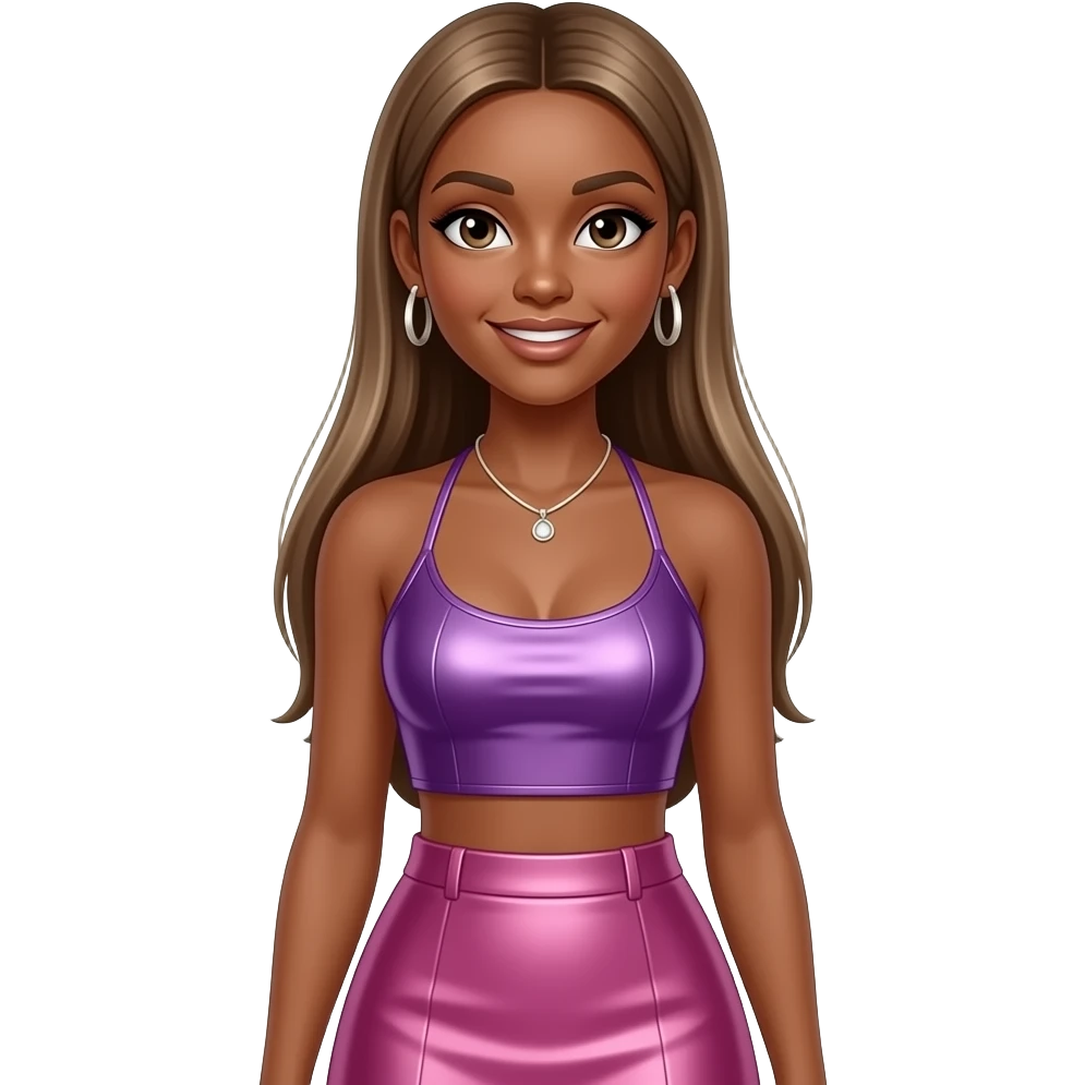 Melody Thornton with dark skin, dark brown eyes, long light brown straight hair, purple metallic halter crop top, pink metallic long skirt, necklace and earrings emoji