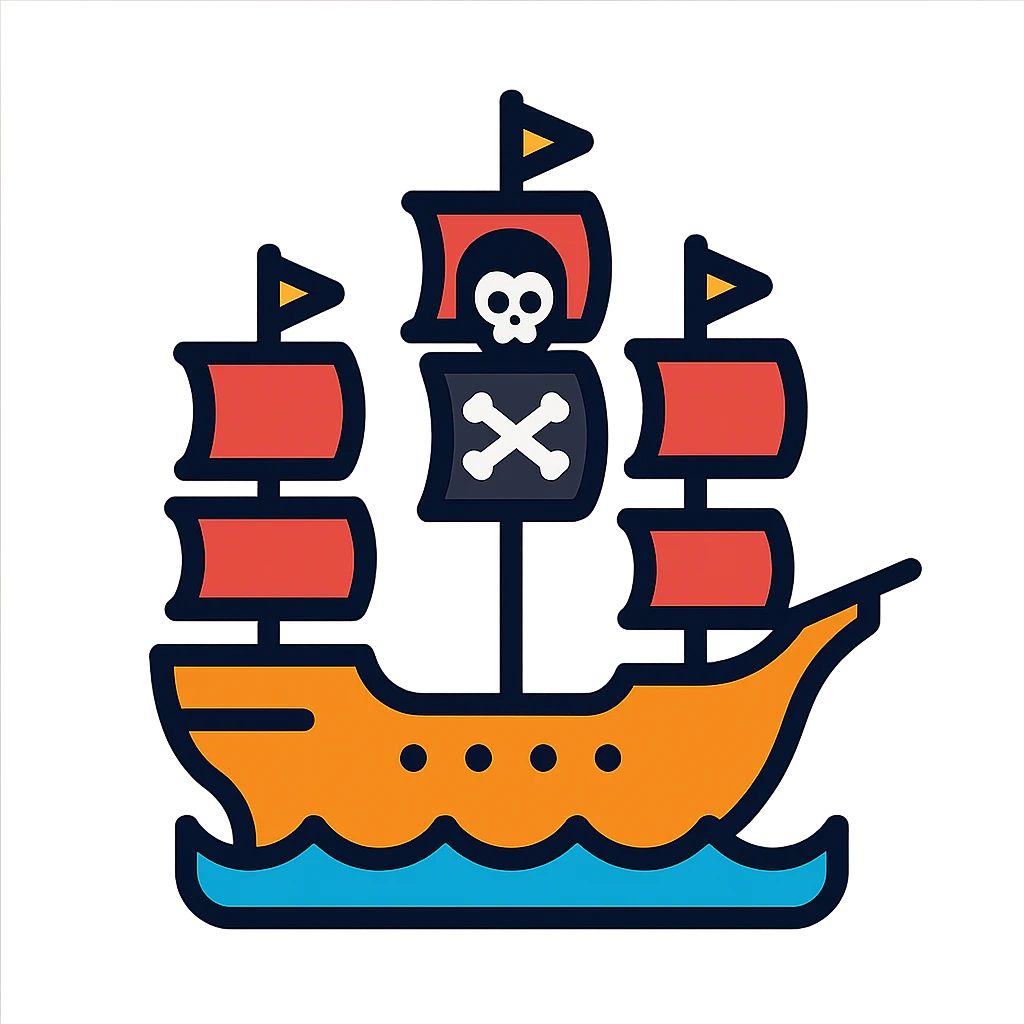 pirate ship, color outline icon style, black outlines with flat color fills, playful and clear, suitable for UI emoji