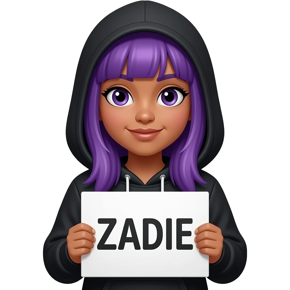 girl with long purple hair wearing a black hoodie with the hood atop her headholding a ZADIE sign emoji