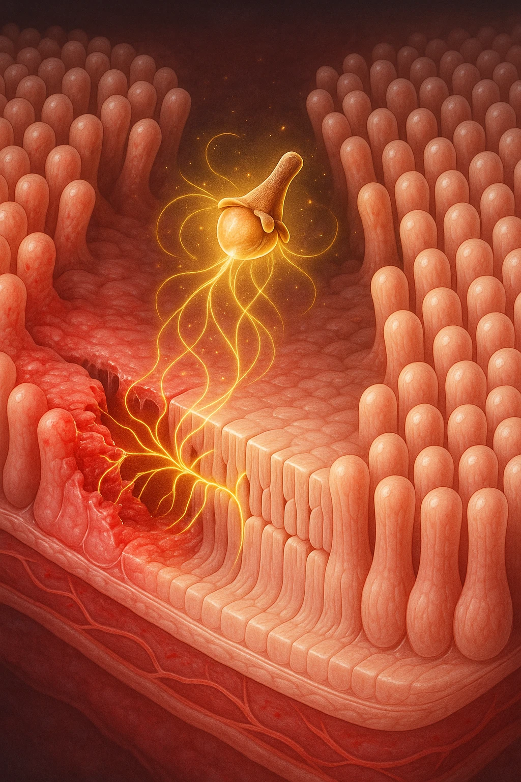 Scientific visualization. A damaged, inflamed section of intestinal lining. A miniature, glowing clove is positioned like a healer, sending out tendrils of golden energy that soothe the inflammation and weave the cellular barrier back together, creating a healthy, sealed surface. emoji