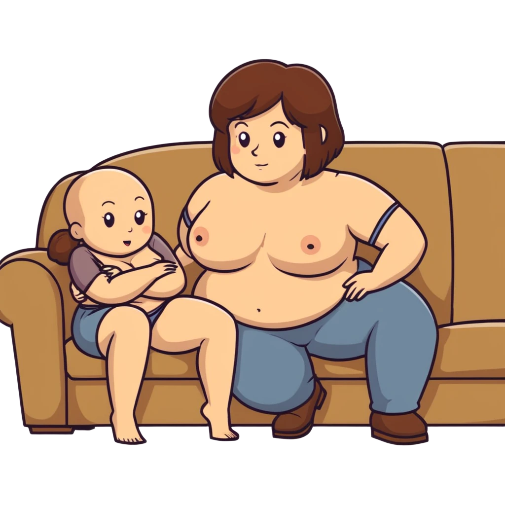 One Caucasian woman with brown hair big boobs wearing pants kneeling on a couch next to a sitting bald man. emoji