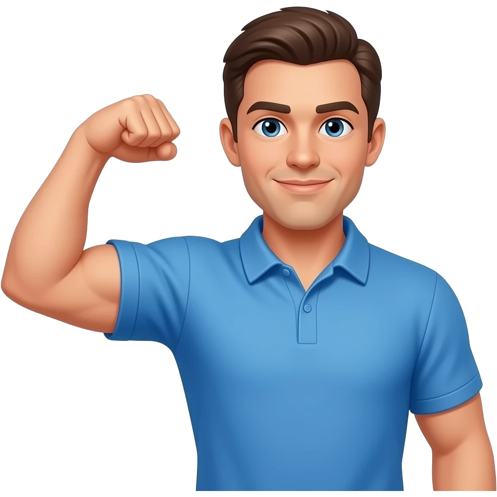coach in a blue shirt making a bicep and touching shoulder emoji
