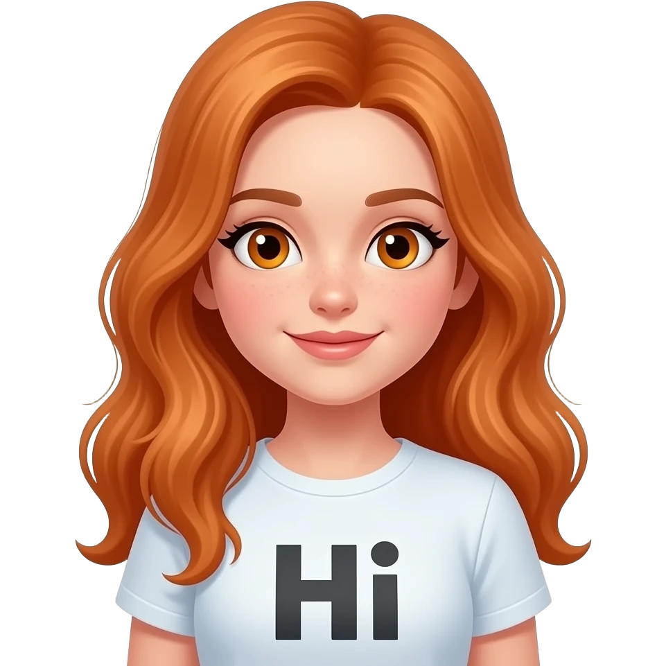 girl with long ginger hair and ginger eyes wearing a says hi emoji