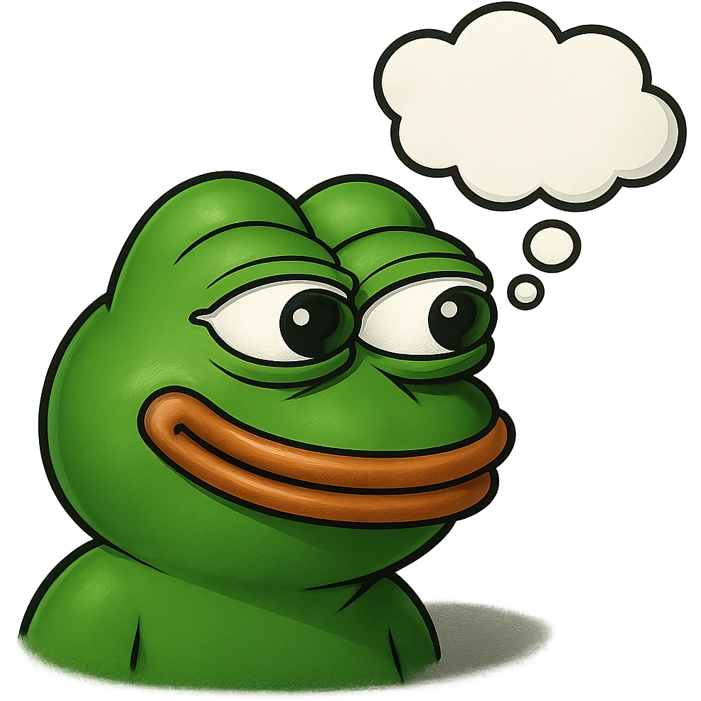 make a pepe in bright green smiling with thought bubble looking at left side in 3d style, good highlights and shadows, drop shadows emoji