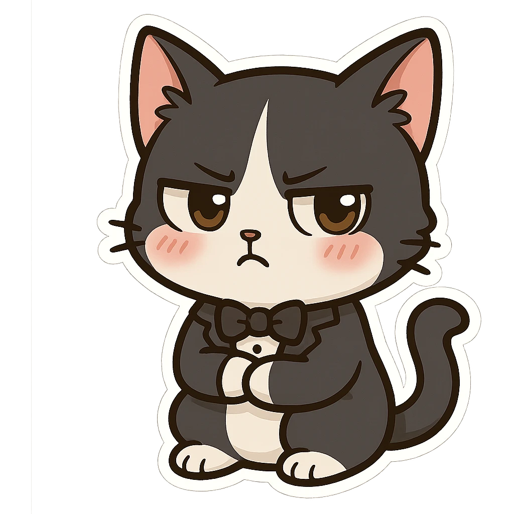 Make a cow cat into a cat in a tuxedo, with black and white fur and a tsundere, cute expression. Keep it in a playful chibi sticker style with no background. emoji