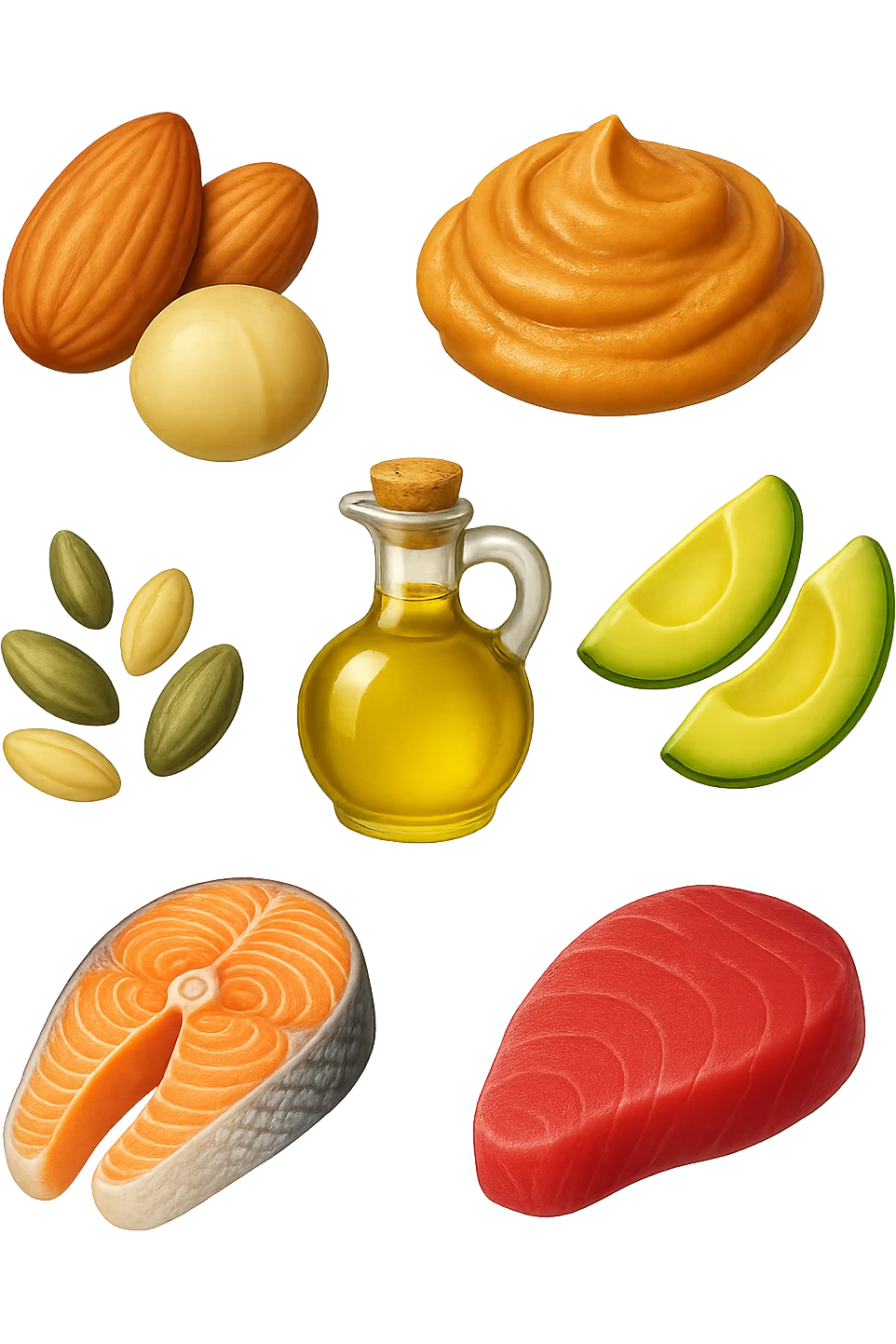 EMOJI STILE IPHONE DI
Frutta secca (mandorle, noci macadamia)
Burro di frutta secca (es. burro di arachidi)
Avocado (in piccole porzioni)
Semi
Olio extravergine d’oliva
Pesce grasso (salmone, tonno)
, fluttuano in aria REALISTICA 4K emoji