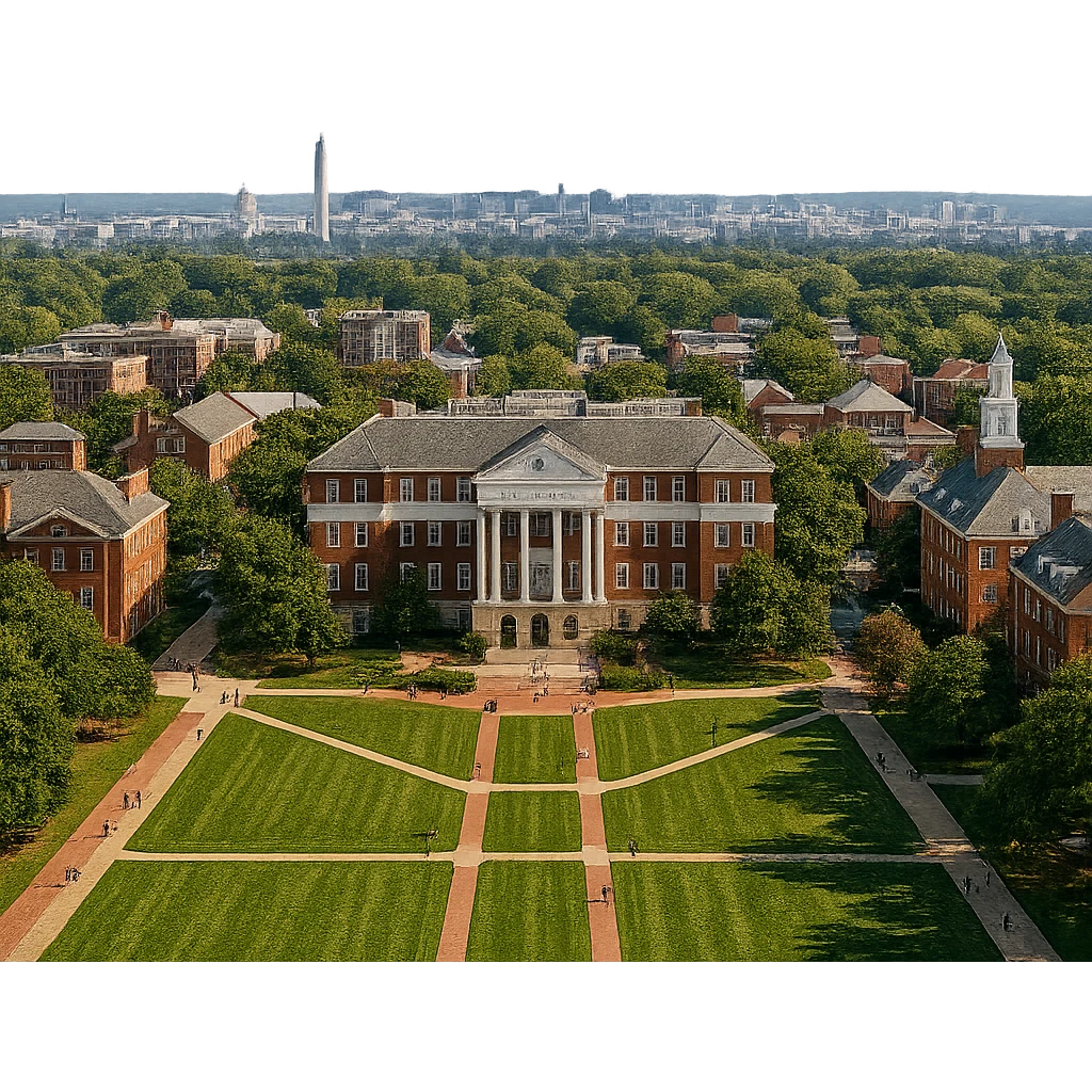 cinematic realistic emoji of College Park, Maryland, city view with University of Maryland campus, Washington DC skyline in the background, lifelike detail, accurate colors, bright daytime, no sky, no clouds emoji