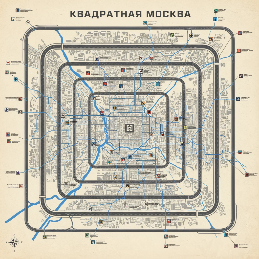 Карта квадратной Москвы, в которой вместо 3 колец - 3 больших квадрата

И станции метро раскиданы emoji