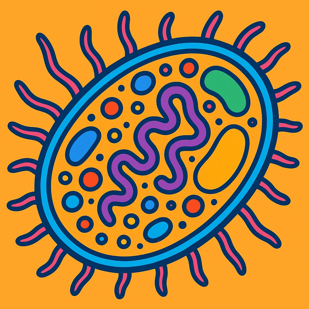 bacteria with organelles, bold outlines, bright colors, in vibrant toon style emoji