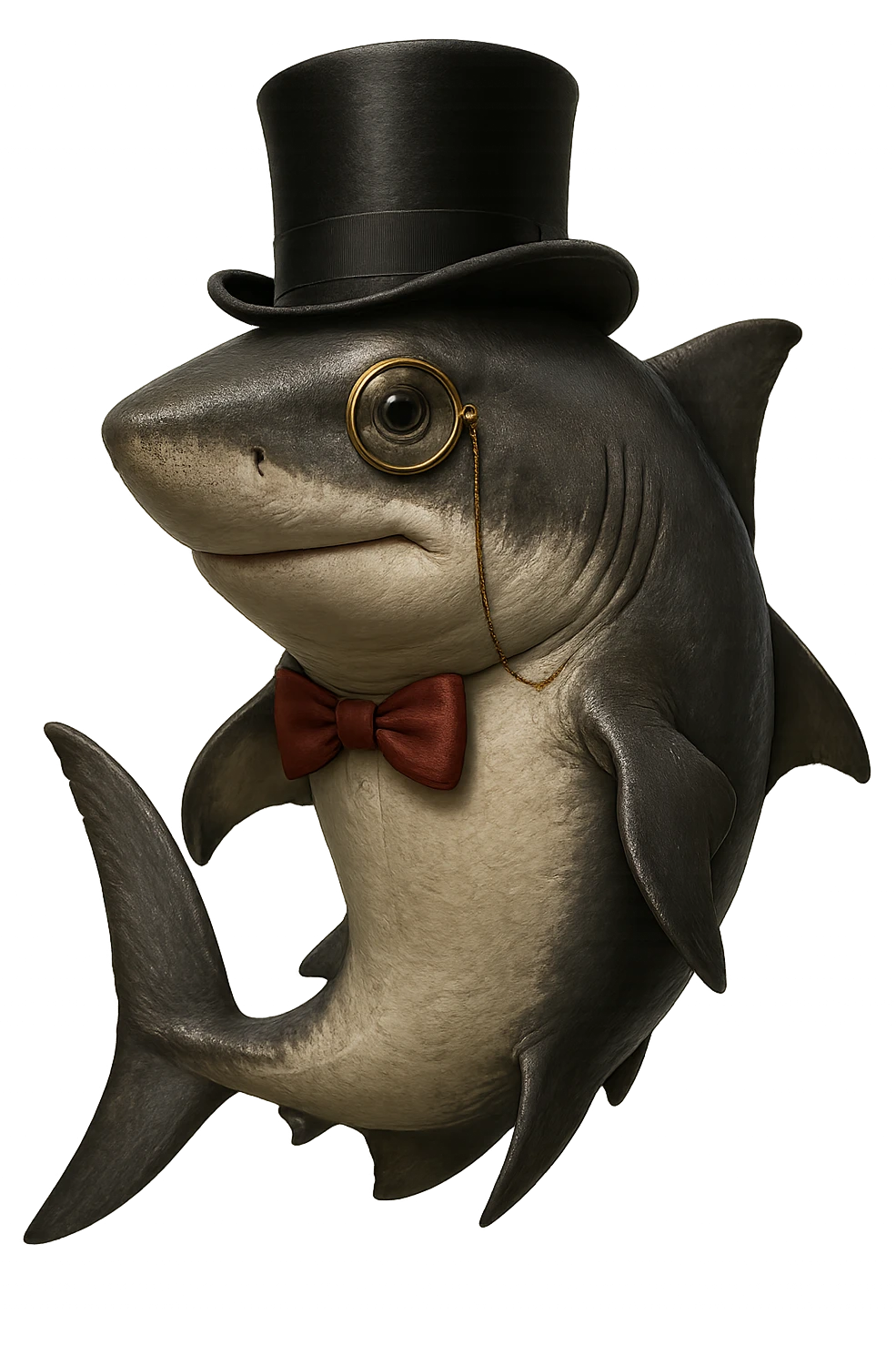 Make this classy shark with a monocle and top hat look more realistic with detailed textures, natural shark colors, and realistic lighting. Keep the top hat and monocle and remove the background. emoji