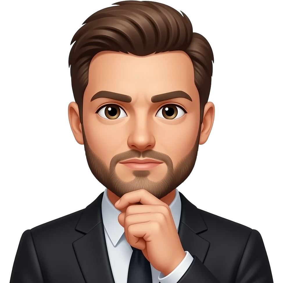 /little-grown-beard-freshly-shaven-brown-hair-and-eyes-black-suit-jacket-black- thinking deep and realizing something face emoji