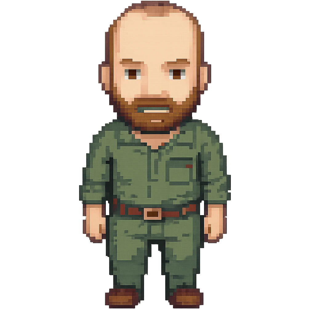 Edit the image to depict a man with less hair, shorter beard, brown hair and beard, in the style of pixel art with transparent background. The style is pixel art style. emoji