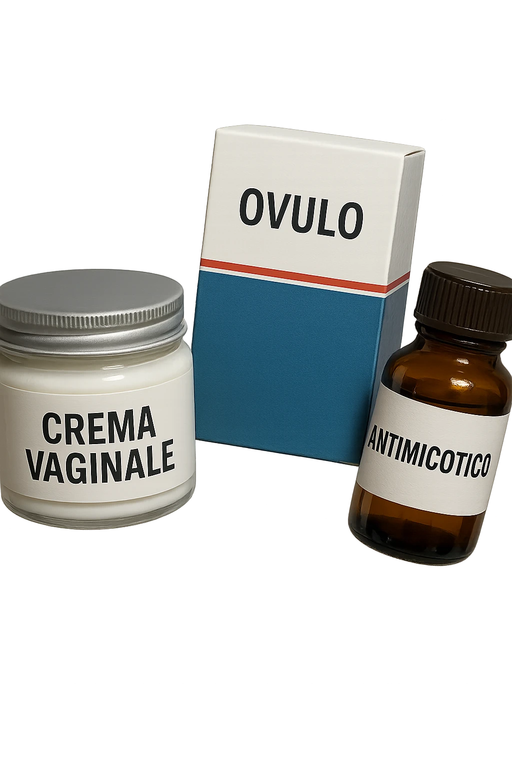 un barattolo di crema con la scritta "crema va**ale", una scatola con farmaco con la scritta "ovulo", un barattolo di farmaco con la scritta "antimicotico" in italiano sulle etichette, fluttuano in aria, IPERREALISTICO 4K emoji
