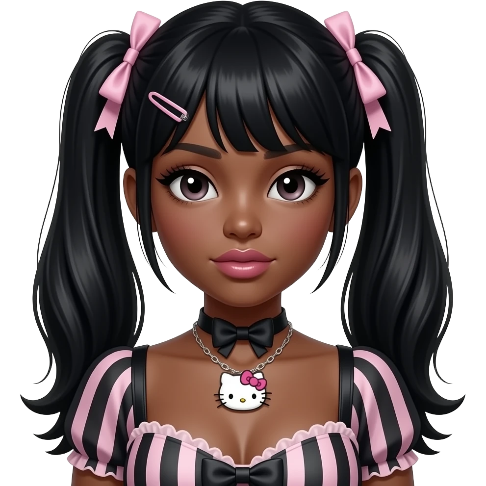 dark brown skin, heart shaped lips, cute glossy lips, doll eyes with long lashes, dark brown skin, black hair, big chest, hello kitty necklace, one bow clip, bimbocore outfit emoji