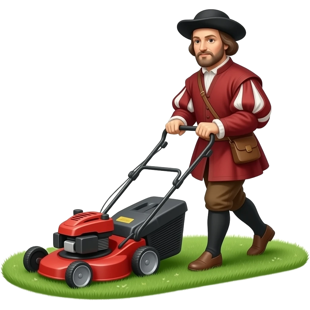Leonardo da Vinci mowing the lawn with a lawn mower emoji