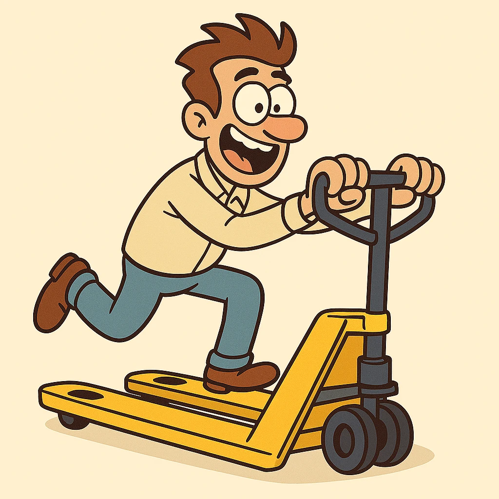 Make the pallet truck yellow, keep the same style and subject, cartoon style. emoji