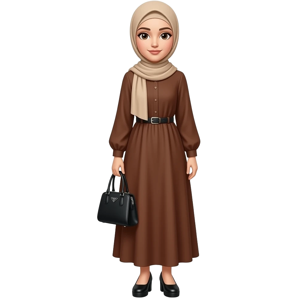 إيموجي لفتاة ترتدي فستان بني طويل حذاء طالون منخفض حجاب بيج غطي شعرها و ألبسها حقيبة يد من برادا عصرية شبابية سوداء الحجاب الداخلي بنفس لون الخارجي تقوم بوضعية تصويرغير شكل الفستان و الحقيبة emoji
