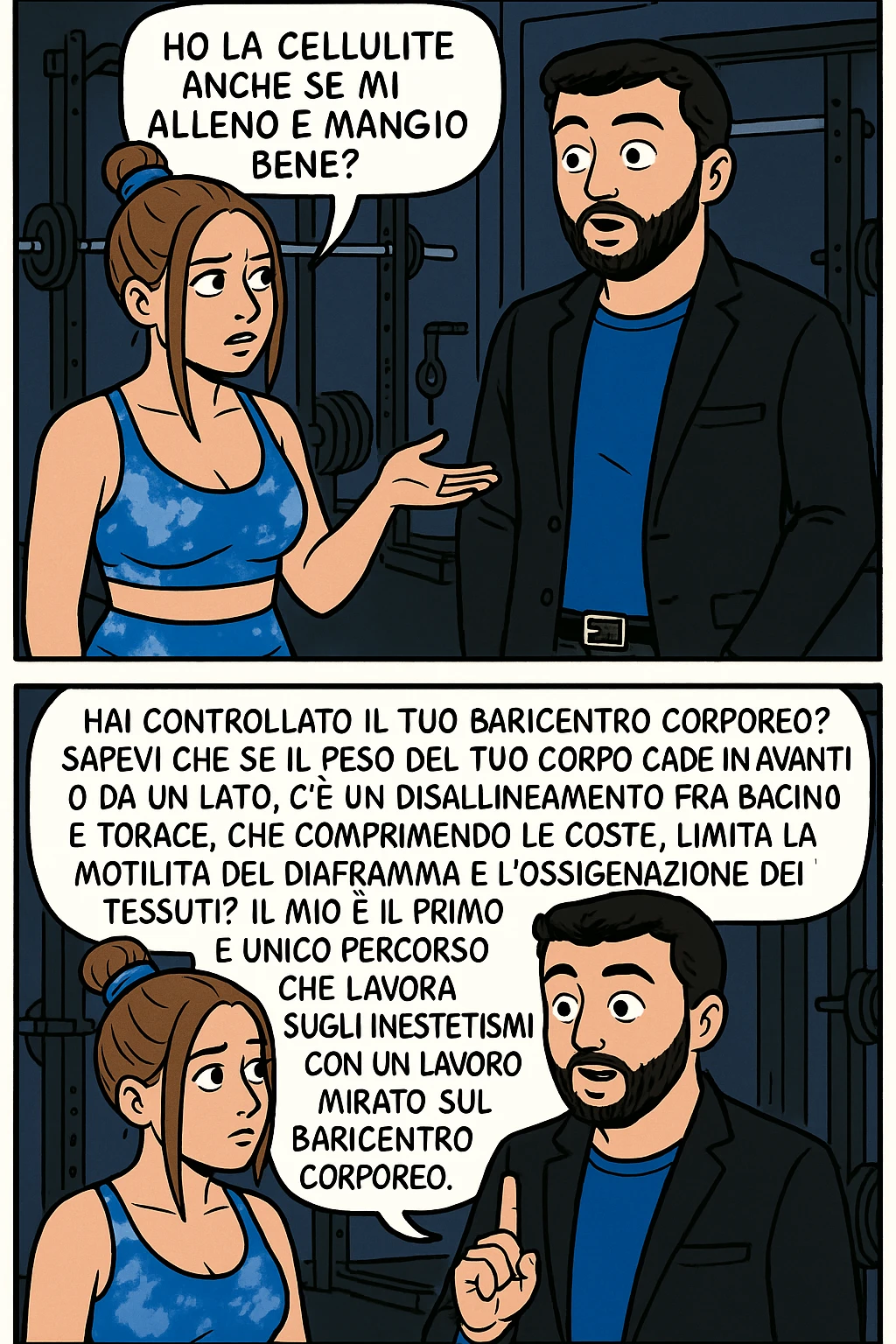 TRASFORMA QUESTO CAROSELLO IN UN FUMETTO CON QUESTE DUE PERSONE IDENTICHE CHE INTERLOQUISCONO TRA LORO:

LEI: Ho la cellulite anche se mi alleno e mangio bene, cosa posso fare?

LUI: Hai controllato il tuo baricentro corporeo?
Sapevi che se il peso del tuo corpo cade in avanti o da un lato, c’è un disallineamento fra bacino e torace, che comprimendo le coste, limita la motilità del diaframma e l’ossigenazione dei tessuti?
Il mio è il primo e unico percorso che lavora sugli inestetismi con un lavoro mirato sul baricentro corporeo. emoji