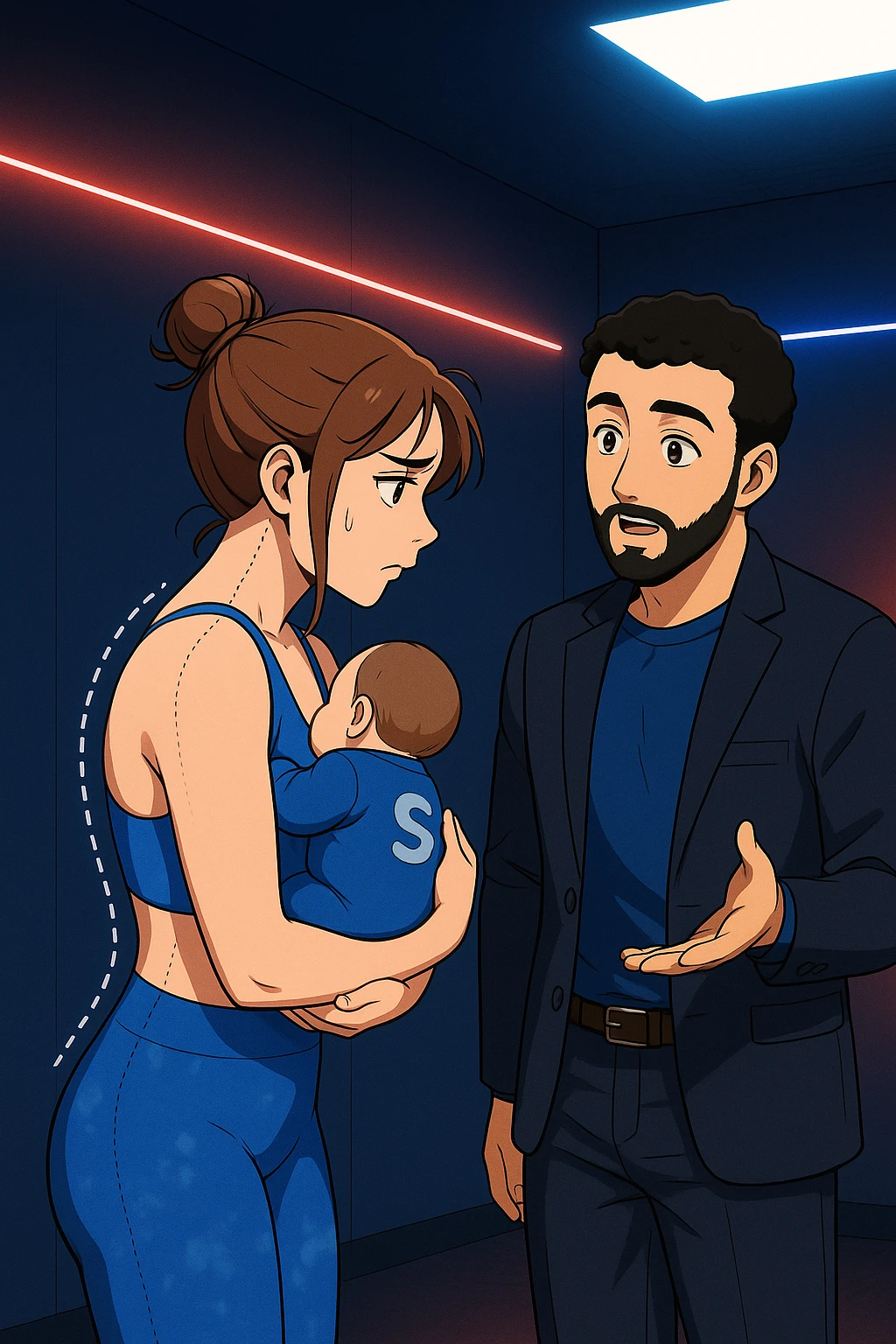 ispirati a questo stile di disegno e fai questa immagine in versione manga/webtoon a colori, il manga mostra la donna preoccupata di profilo con la postura sbagliata e incurvata, spalle chiuse e curve in avanti, con un neonato in braccio con una tutina azzurra e la scritta "S" sulla schiena, spina dorsale storta della donna in evidenza mentre ascolta l'uomo mentre l'uomo gli sta spiegando una cosa, ma non fare i fumetti, fai come se stessero parlando emoji