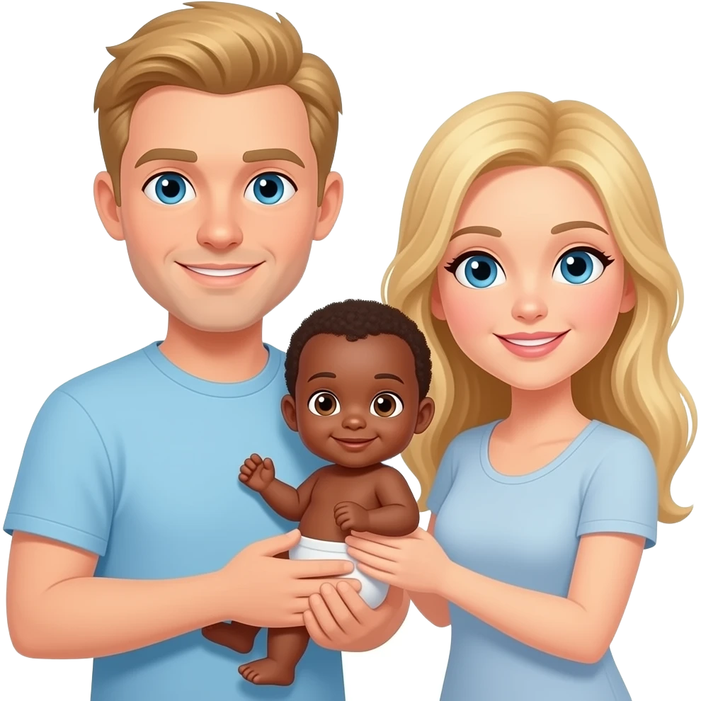 full body Caucasian man with blonde hair and blue eyes and Caucasian woman with blonde hair and blue eyes holding an African baby with brown eyes emoji