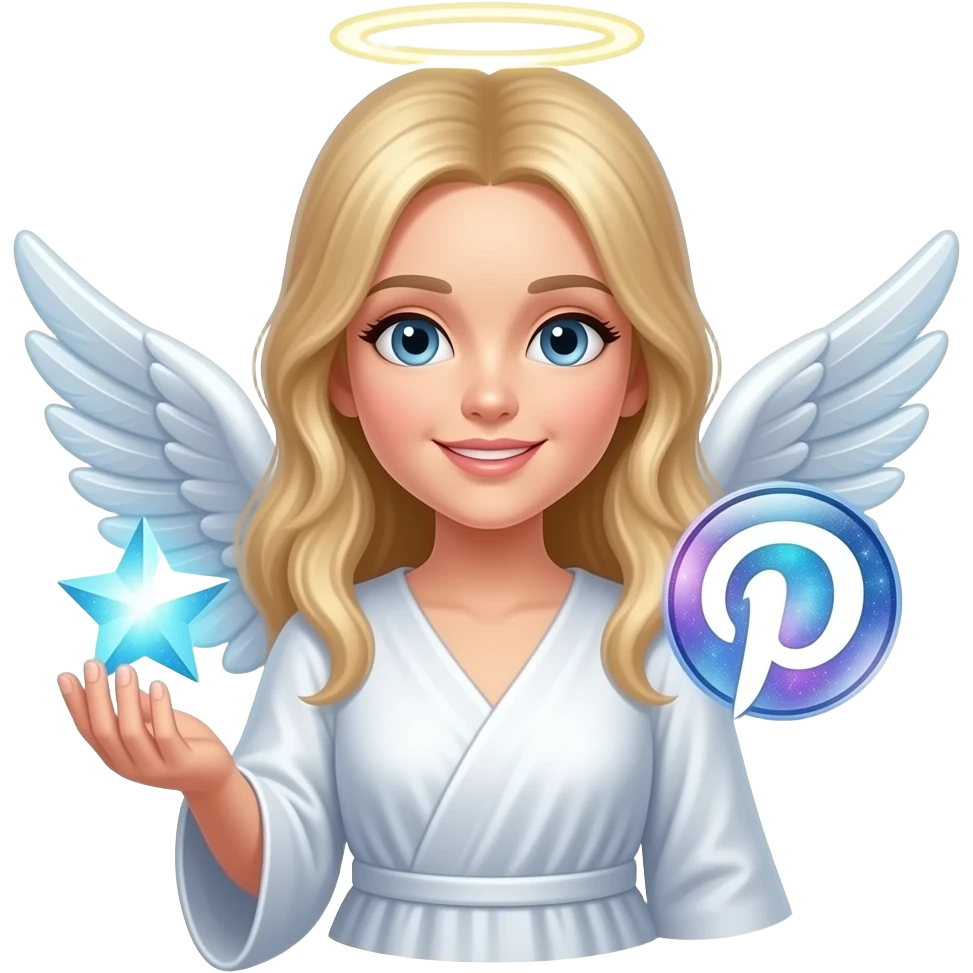 An ethereal angel, hand made of starlight holding a crystalline Pinterest logo on right hand, looking at viewer. A glowing, bokeh text: 'PHOTOGRAPHY?' on the bellow left hand. Glowing nebula colors, isolated on white, bold 3D icon emoji