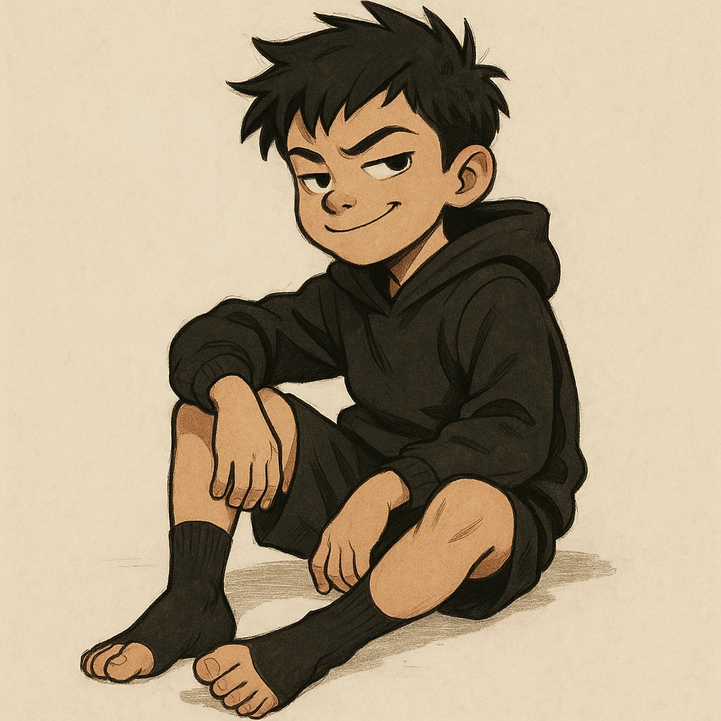 boy kid sitting in a ring sitting pose, wearing a black hoodie with hood off, smirking expression, black crew socks, black messy hair, black basketball shorts, toes curled emoji