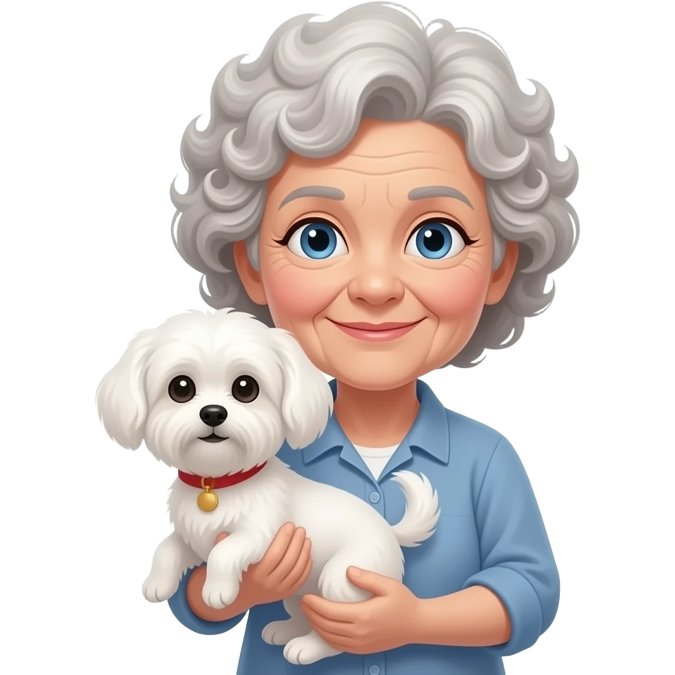 Elderly woman blue eyes very curly hair with maltese dog emoji