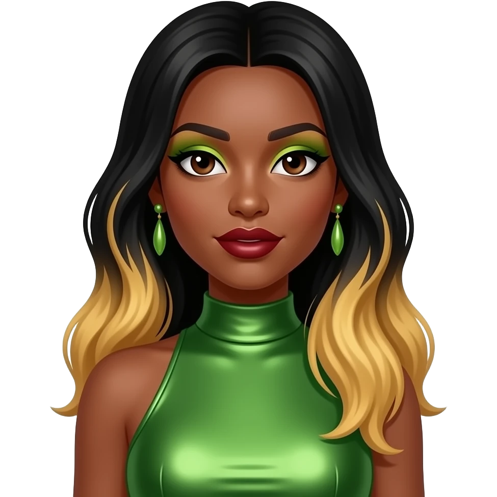 Shamari Fears from Blaque with dark brown eyes, long black hair with blonde ombre, lime eyeshadow, dark red lipstick, lime green metallic high neck dress, earrings emoji