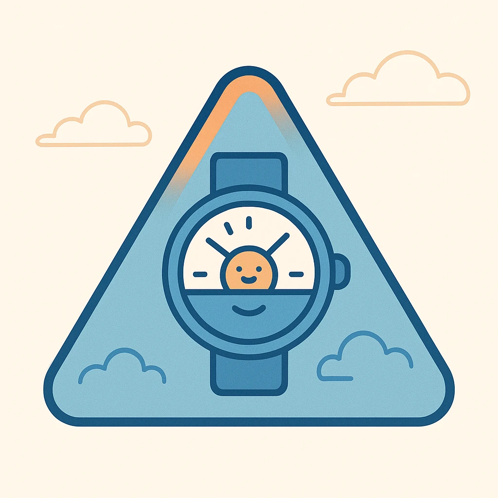 flat minimal triangle with rounded corners containing a stylized wristwatch or clock showing time just after sunrise, triangle edge with subtle orange fade suggesting early warning balanced with cool blue for tech and trustworthiness, clean modern look emoji
