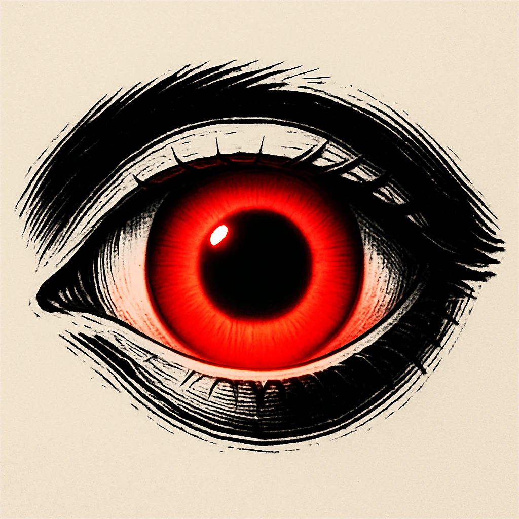 stylized eye with a glowing red iris and a huge black pupil, high contrast, plain background emoji