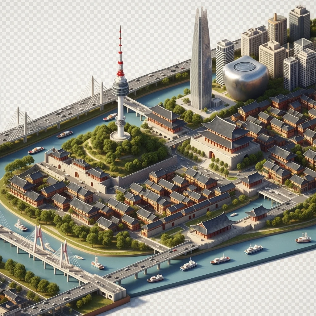 Isometric diorama of Seoul typical houses, Namsan Seoul Tower, Gyeongbokgung Palace, Lotte World Tower, Dongdaemun Design Plaza, and Han River bridges, 3D miniature effect and Tilt Shift effect, no cartoonish look, transparent background. emoji