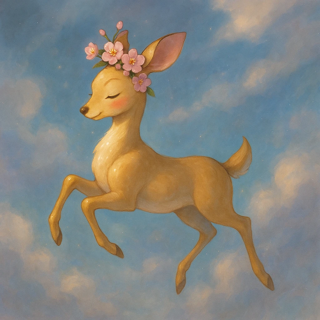 Enhance this feminine adult vanilla cloud doe with rosy cheeks and cherry flowers, floating gracefully in a dreamy Ghibli-Pixar style. Make the colors richer, the lines softer, and the cherry flowers more detailed. Add a magical glow and elegant highlights, keeping the look whimsical and refined. emoji