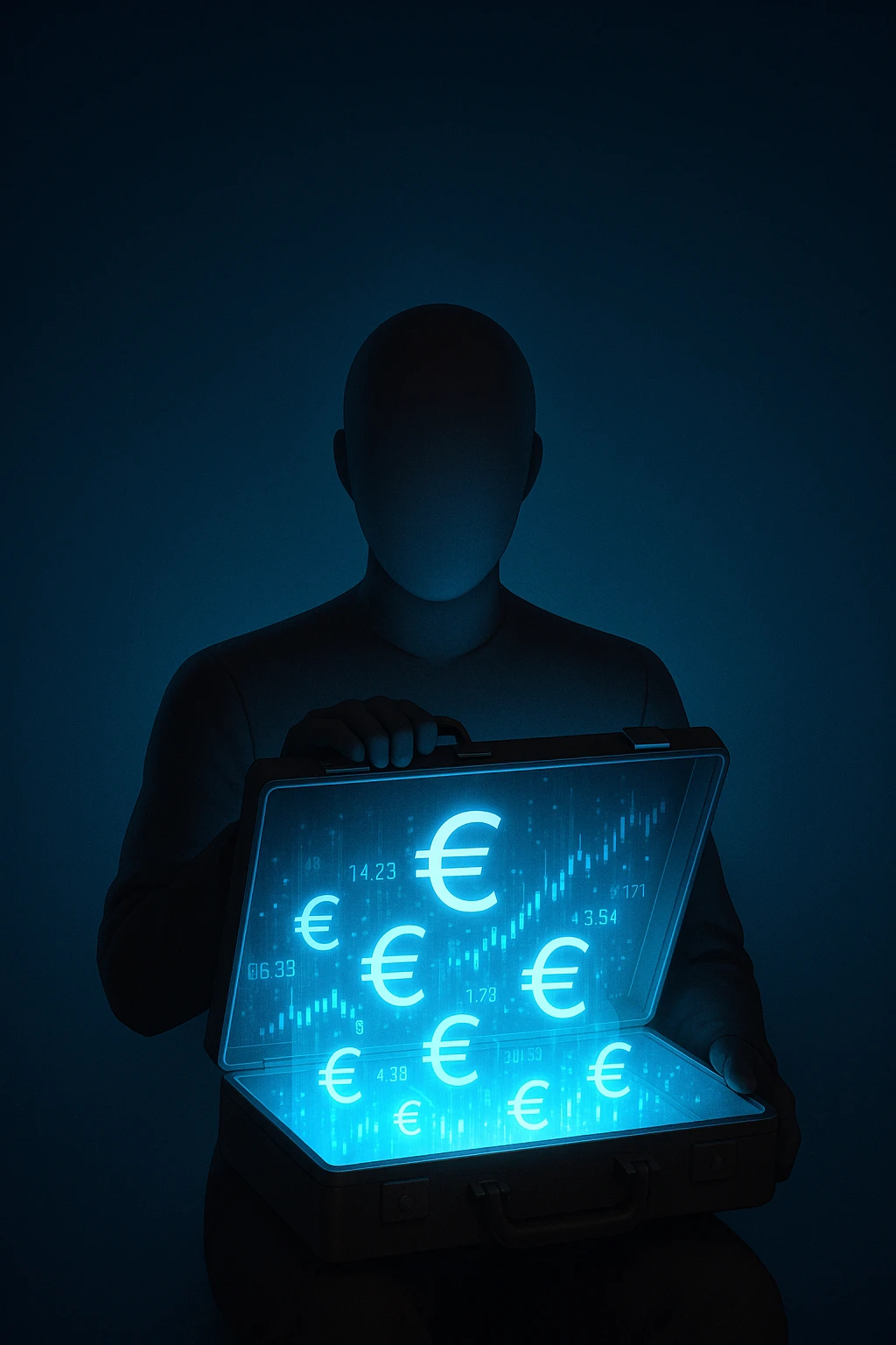 Faceless mannequin holding an open glowing briefcase filled with holographic euro signs and digital stock tickers. Large empty gradient background above for text. Strong cinematic lighting. emoji
