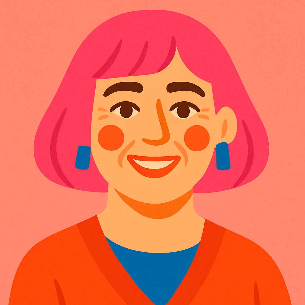 50 year old woman with a pink bob haircut, pink salt background, vibrant and friendly expression emoji