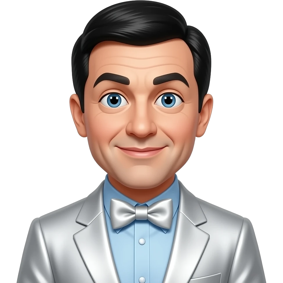 Moe Howard from The Three Stooges with blue eyes, black hair with bang, light blue metallic shirt, white metallic suit jacket with bow tie emoji