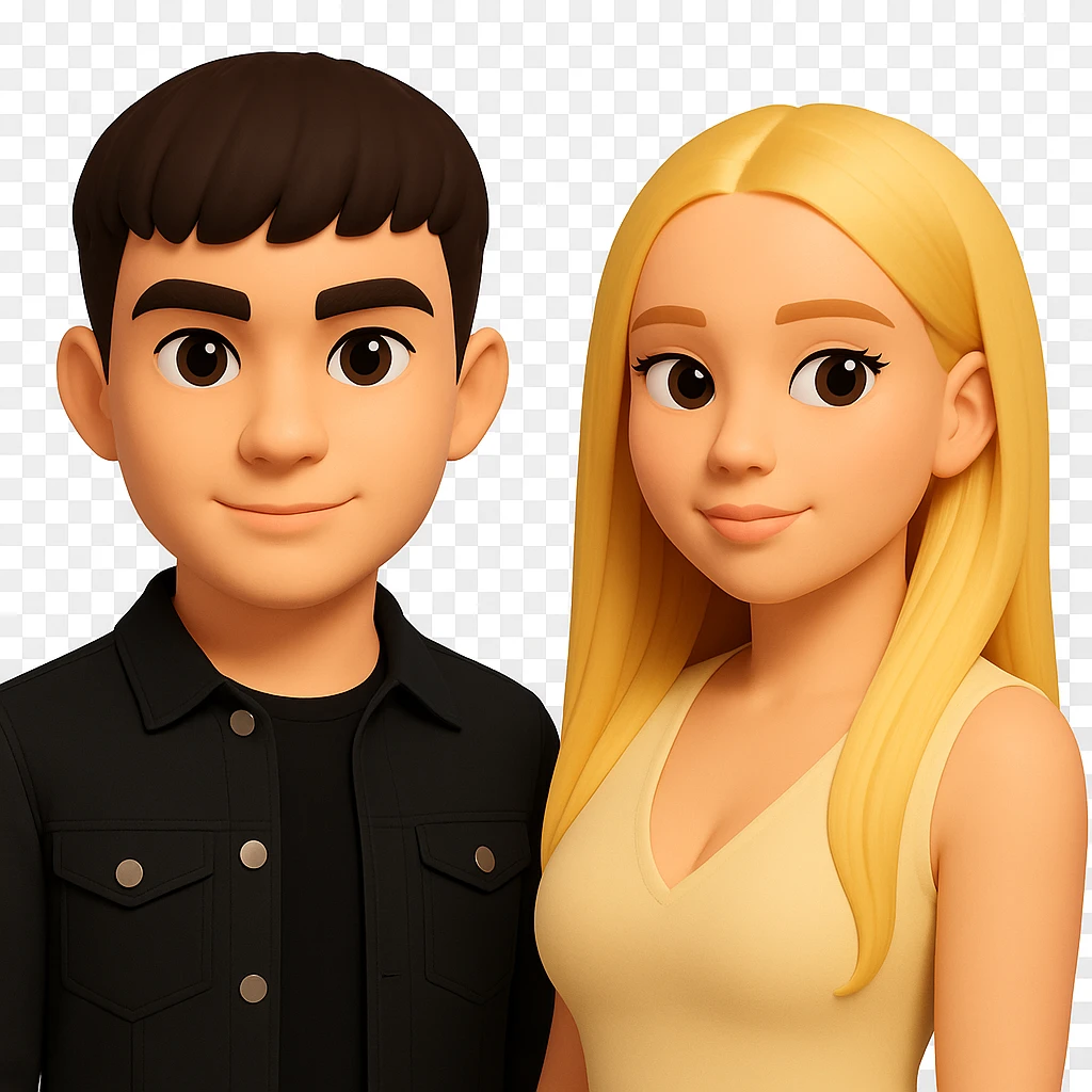 Slightly increase the volume of the upper body of the girl, separate the girl and the boy from each other, make the skin color the same for both characters. Maintain the cartoonish 3D style look as in the reference image. Keep the background transparent. emoji