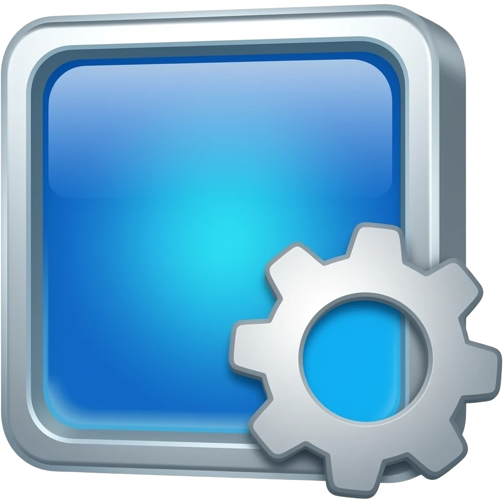 "Software emoji: stack of glowing window icons and a gear symbol, flat iOS vector style, minimalist aesthetic, professional blue and silver colors, transparent background." emoji
