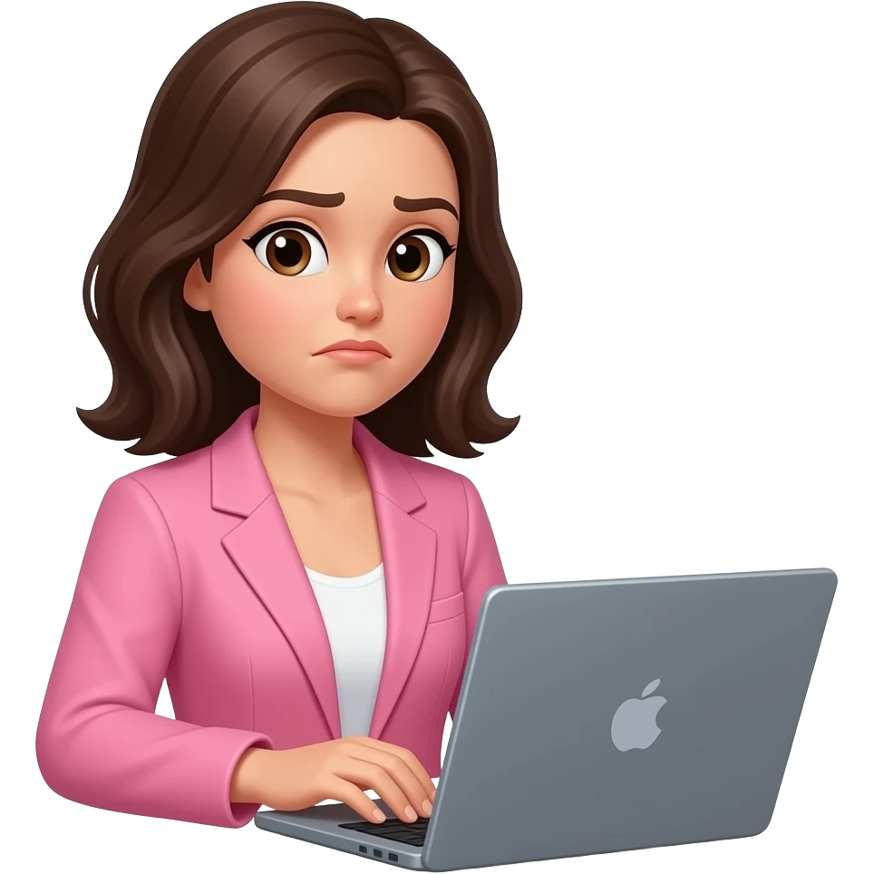brunette woman with medium length hair wearing pink blazer working on laptop making a sick face emoji