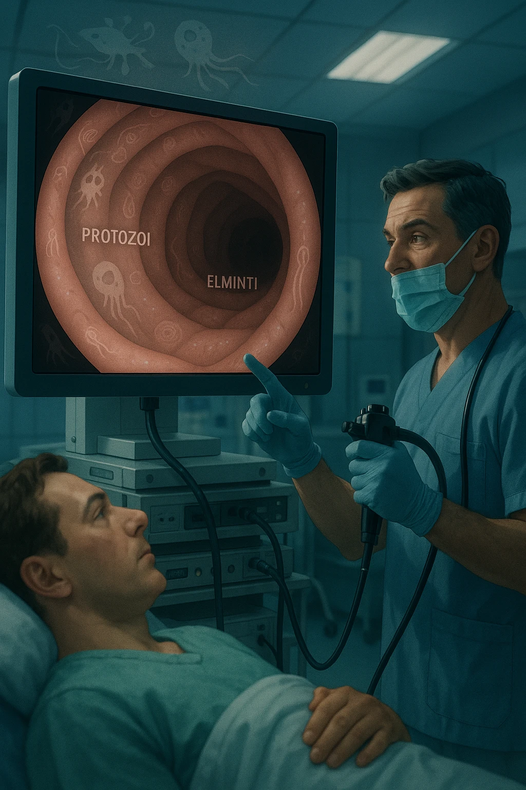 A medical cinematic illustration showing a patient undergoing a colonoscopy in a modern clinical setting. On the monitor, the endoscopic camera shows smooth, healthy-looking intestinal mucosa — clean and without evidentiary signs. But layered symbolically in the background (or faded into the intestinal wall), tiny parasitic organisms like protozoa and helminths are subtly depicted hiding between folds, or embedded deeper in tissues, undetectable by the surface-only scope. The doctor gestures with confidence, while the patient remains unaware that the test might not reveal the true underlying infection. The scene has cool clinical lighting, shallow depth of field, and realistic anatomy, overlaid with symbolic, almost ghost-like imagery of parasites in italiano emoji