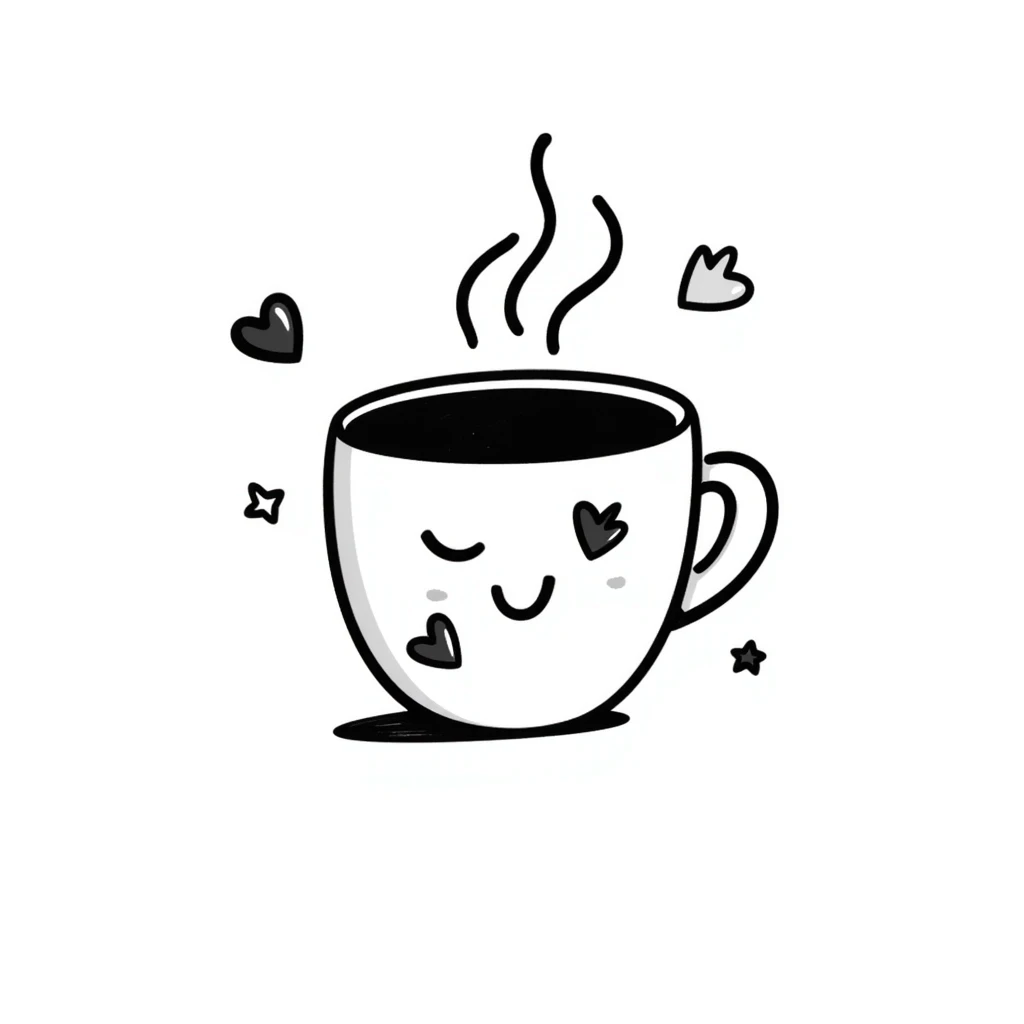 hand drawn doodle coffee cup with whimsical decorations emoji