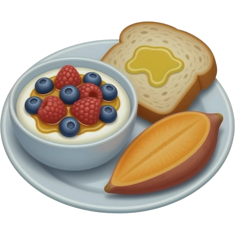 Realistic Plate with greek yogurt bowl topped with blueberries raspberries and maple syrup and sourdough slice topped with olive oil and a sweet potato on the side HD emoji