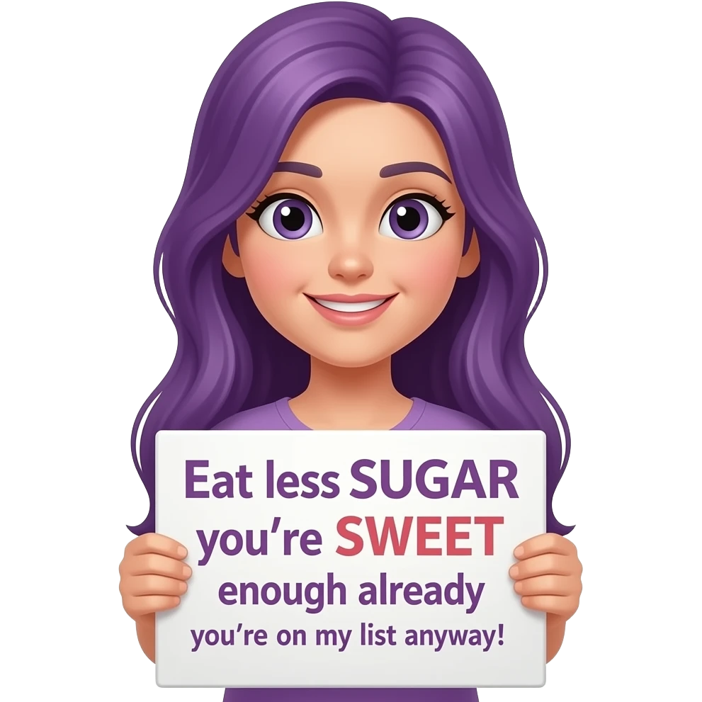 girl with long purple hair holding a Eat less SUGAR you're SWEET enough already you're on my list anyway! sign emoji