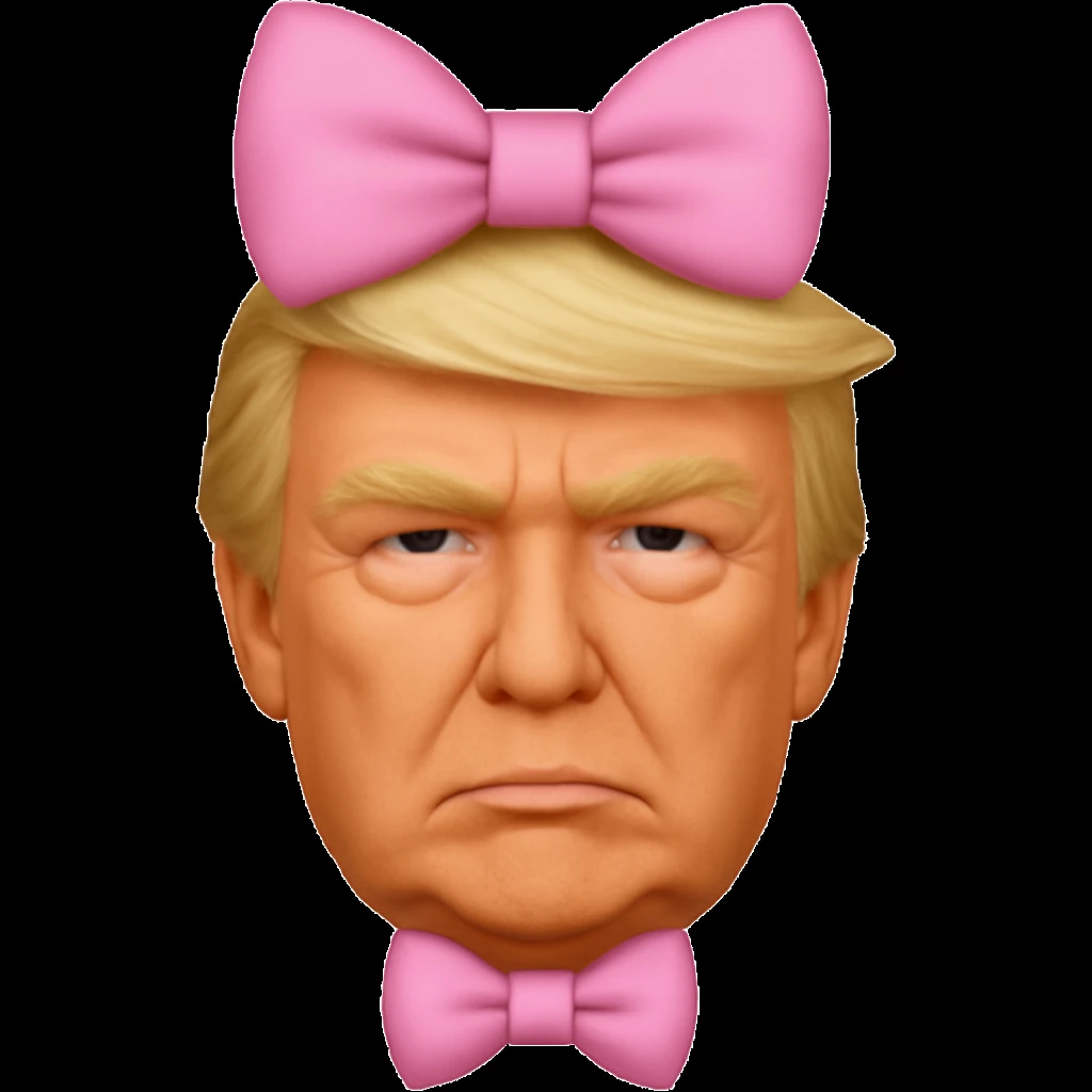 Edit the image to make the person look more similar to Donald Trump, emphasizing his distinctive facial features, hairstyle, and expression, while keeping the pink bow. The original style is emoji with a transparent background, so maintain the emoji style look and transparent background in the edit. emoji