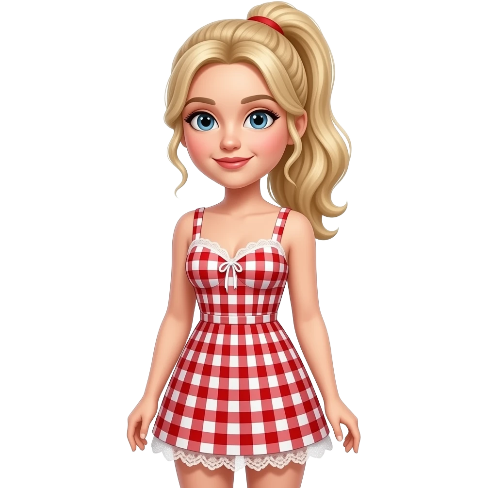 Sabrina carpenter blonde hair in a ponytail wears a red and white checkered mini dress with white lace around the breast area and at the bottom emoji