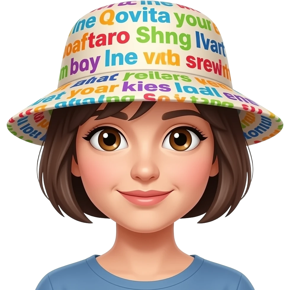 eyes are too big, can you make a hat on her with many words in it hair is too long emoji