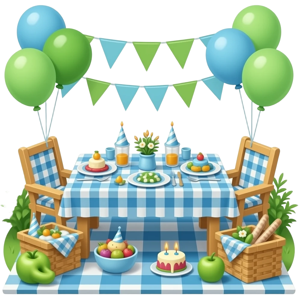 green blue Picnic-style birthday setup, transparent background inspired by barbie colour pallete emoji