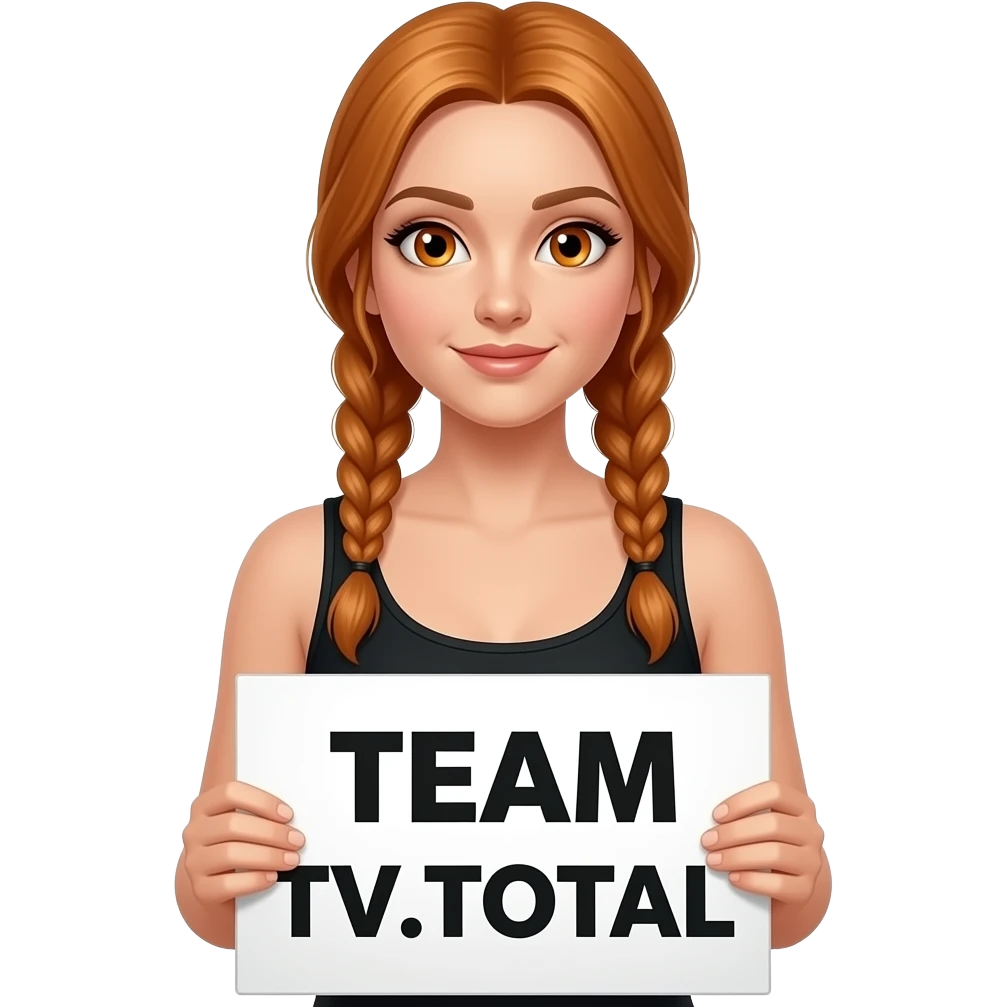 sexy girl with long ginger braids and ginger eyes wearing a black tanktop is holding a white sign with TEAM TV.TOTAL written on it emoji