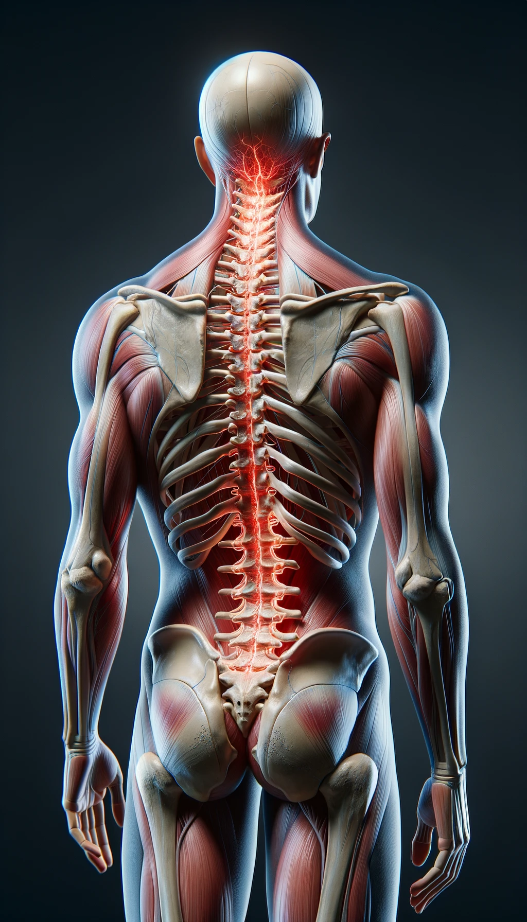 corpo umano anatomico di spalle e fisico storto, spina dorsale in evidenza, dolore alla schiena su un lato, iperrealistico 4k emoji